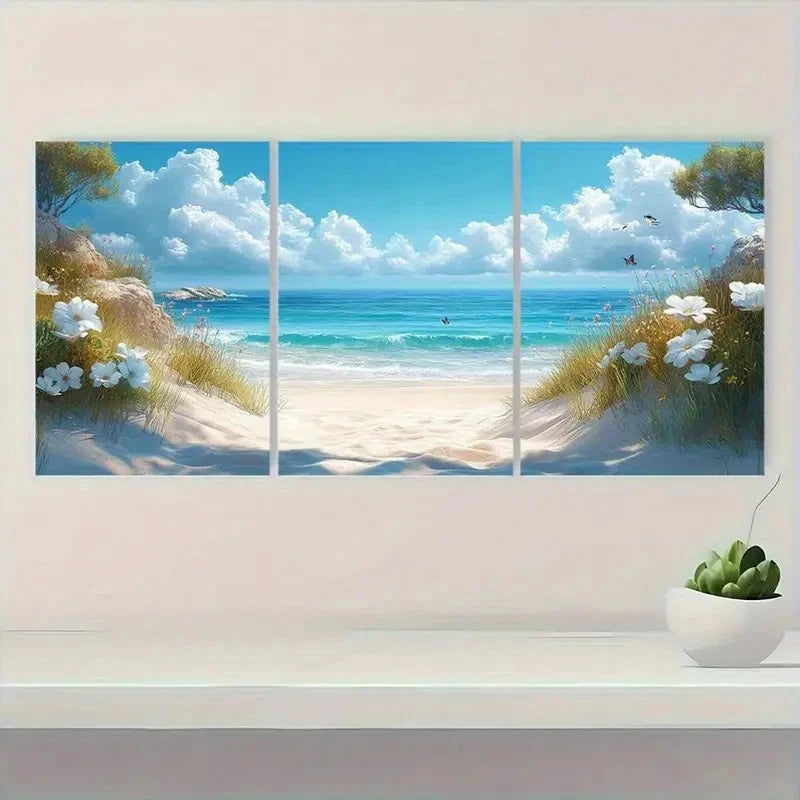 3pcs Vibrant Coastal Scene with White Flowers Metal Print Ready to Hang Art - Bella Home Decor