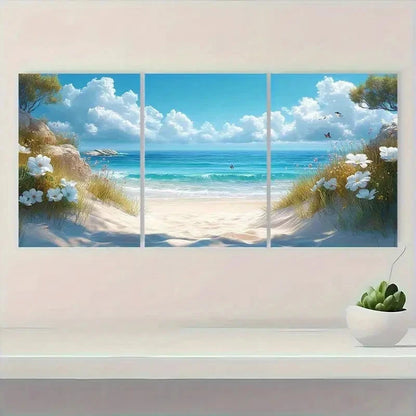 3pcs Vibrant Coastal Scene with White Flowers Metal Print Ready to Hang Art - Bella Home Decor