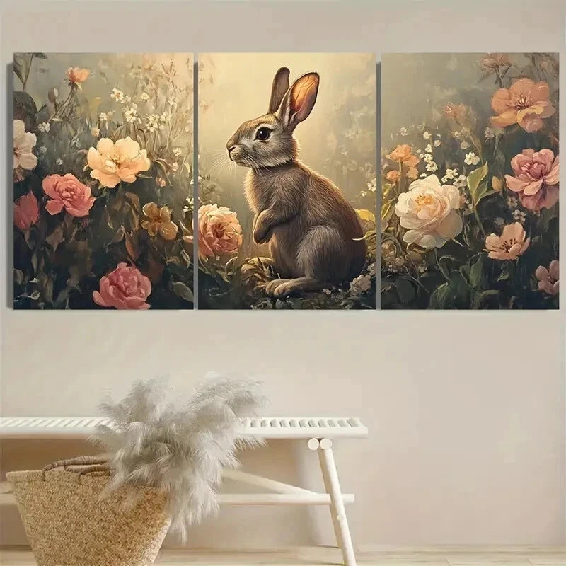 3pcs Retro Rabbit And Flowers Wild Animal Wall Art Set Canvas Framed 60x90cm- High Quality Print 100% Australian Made Wall Canvas Ready to Hang - Bella Home Decor