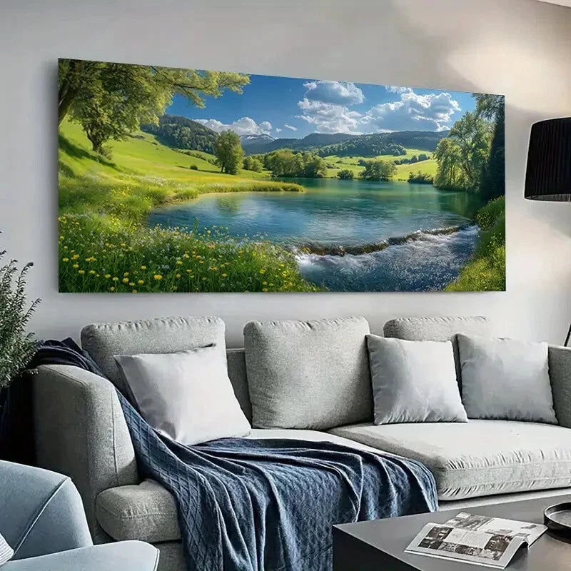 Serene Lake Lush Hills Sky  wall canvas office home room framed 120x60cm - Bella Home Decor