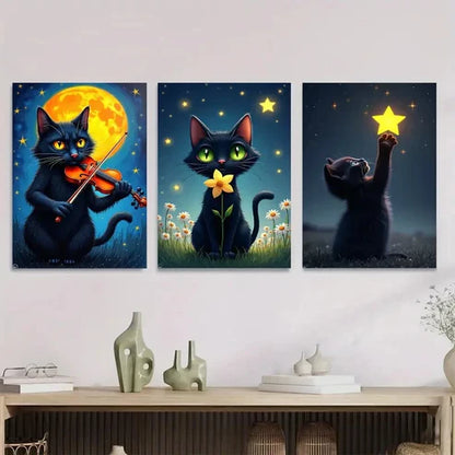 3pcs Charming Black Cat Triptych Moonlit Night Wall Art Set Canvas Unframed - High Quality Print 100% Australian Made Wall Canvas - Bella Home Decor
