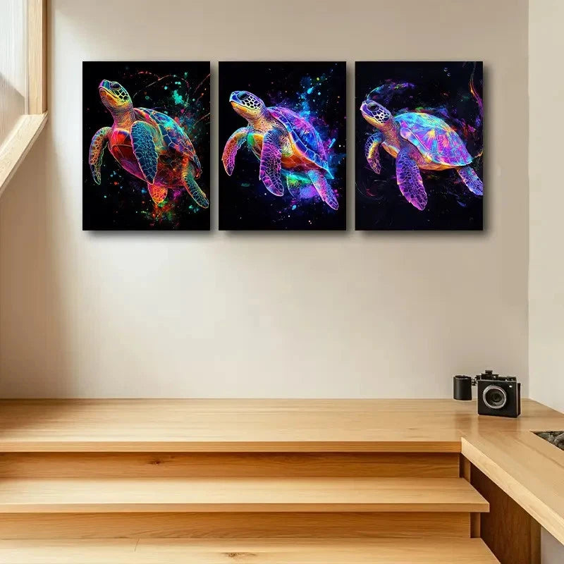 3pcs Colorful Turtle Art Deco Style Metal Print Ready to Hang Art - Bella Home Decor