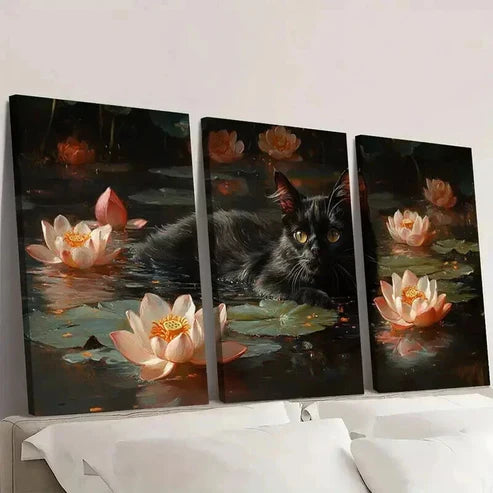 3pcs Black Cat Swimming in Lotus Pond Wall Art Canvas Unframed - High Quality Print 100% Australian Made Wall Canvas - Bella Home Decor