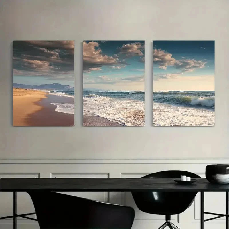 3pcs Coastal Scenes with Golden Sand Cloud Sky Metal Print Ready to Hang Art - Bella Home Decor