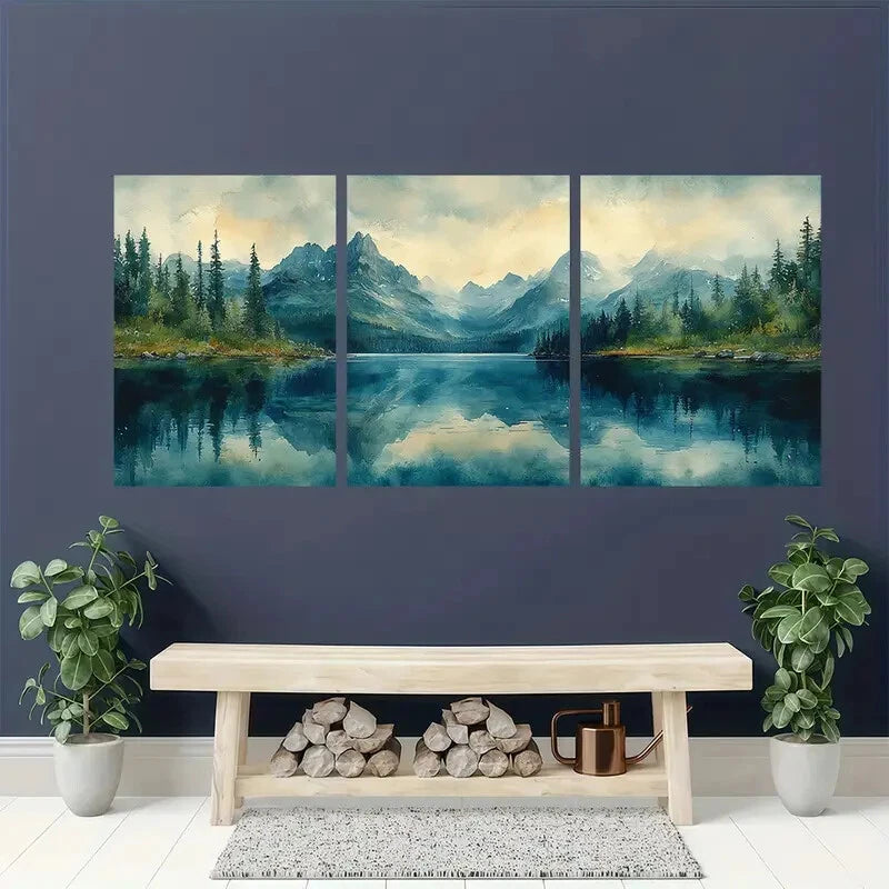 3pcs Mountain Lake Watercolor Glacier Park Metal Print Ready to Hang Art - Bella Home Decor