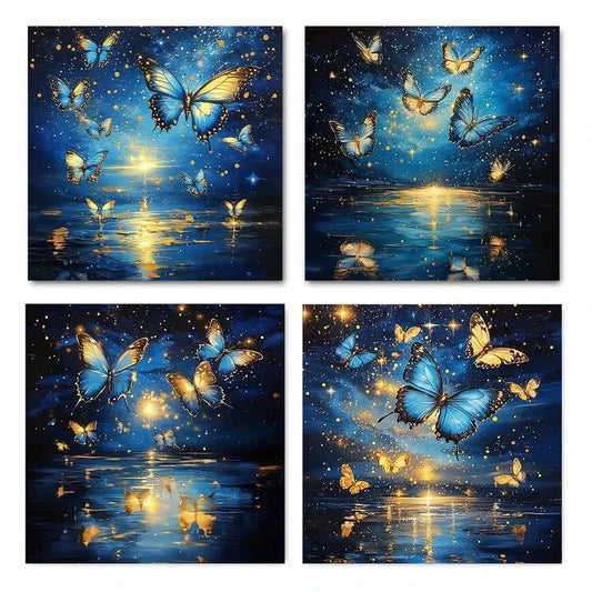 4pcs Blue & Golden ButterflyWall Art Canvas Framed