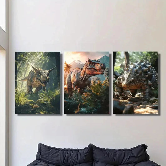 3pcs Dinosaur in the jungle, spiked monster Metal Print Ready to Hang Art