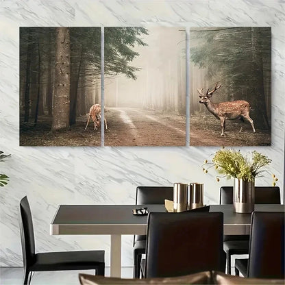 3pcs Snowy Pine Tree Scene with Red Deer Metal Print Ready to Hang Art