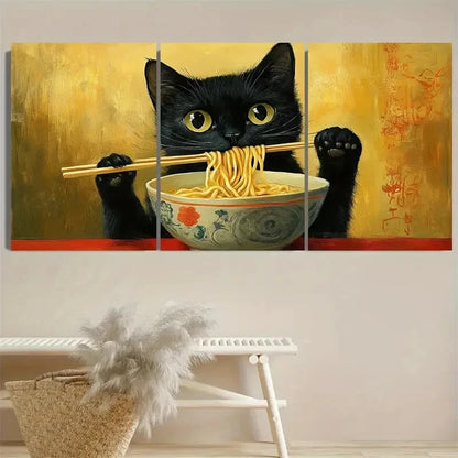 3pcs Vintage Black Cat Eating Ramen Cute Black Wall Art Set Canvas Framed 40x60cm - High Quality Print 100% Australian Made Wall Canvas Ready to Hang - Bella Home Decor