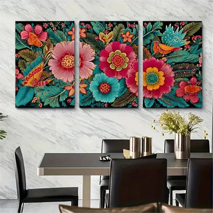 3pcs Vintage Colombian Floral Travel Perfect Wall Art Set Canvas Framed 50x70cm - High Quality Print 100% Australian Made Wall Canvas Ready to Hang