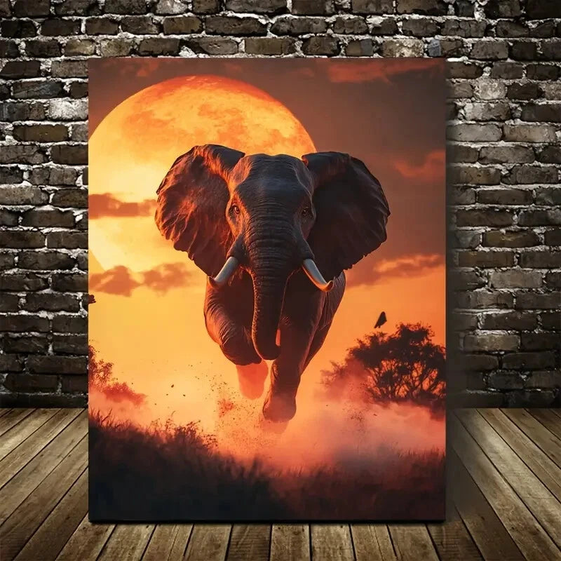 Cyberpunk Elephant Sunset Scene Vibrant Painting 40x60cm Metal Print Ready to Hang - Bella Home Decor