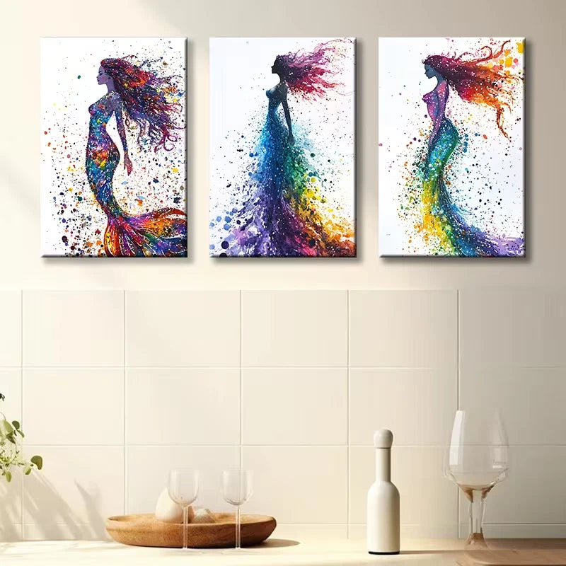3pcs Mermaid watercolor Illustration Wall Art Set Canvas Framed 50x70cm - High Quality Print 100% Australian Made Wall Canvas Ready to Hang