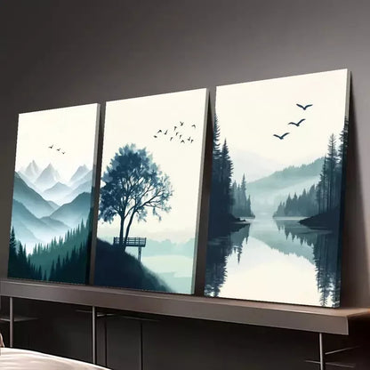 3pcs Mountain Lake Landscape with Pine Trees Wall Art Set Canvas Framed 50x70cm - High Quality Print 100% Australian Made Wall Canvas Ready to Hang