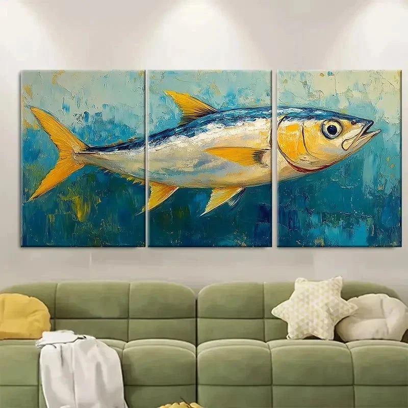 3pcs Modern Oceanic Sardine Fish Paintings  Wall Art Set Canvas Framed 50x70cm - High Quality Print 100% Australian Made Wall Canvas Ready to Hang