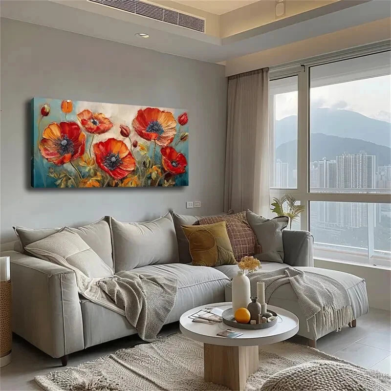 Red Poppy Flowers Orange Wall Art Canvas Office Home Room Framed 120x60cm - Bella Home Decor