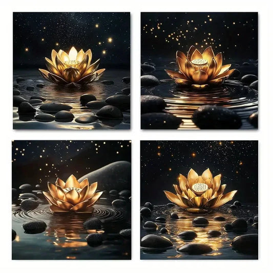 4pcs Vintage-Style Black and Golden Lotus Wall Art Canvas Framed
