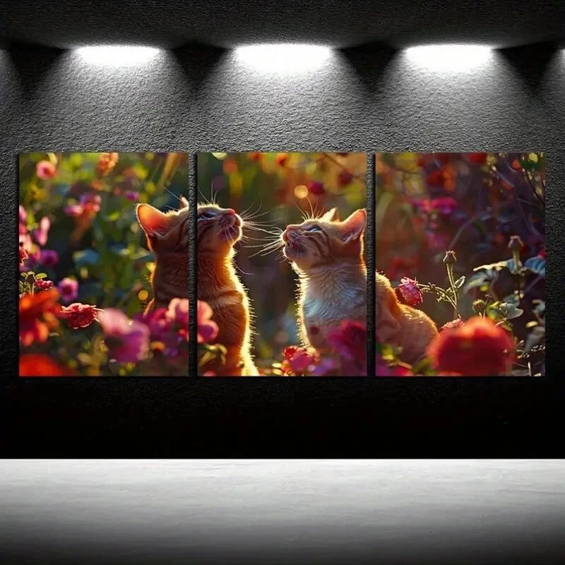 3pcs Whimsical Garden Cats Playful Feline Floral Metal Print Ready to Hang Art - Bella Home Decor