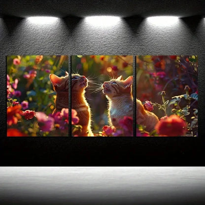 3pcs Whimsical Garden Cats Playful Feline Floral Metal Print Ready to Hang Art - Bella Home Decor