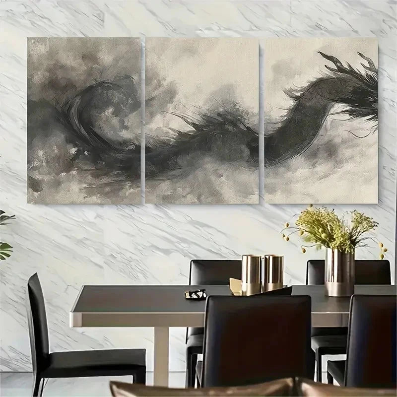 3pcs Realistic Dragon Design with Golden Accents Metal Print Ready to Hang Art