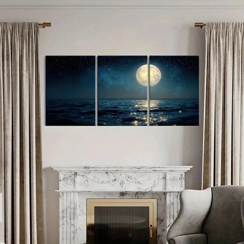 3pcs Moonlit Ocean Starry Sky Full Moon Reflection Metal Print Ready to Hang Art - Bella Home Decor