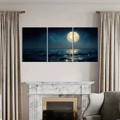 3pcs Moonlit Ocean Starry Sky Full Moon Reflection Metal Print Ready to Hang Art - Bella Home Decor
