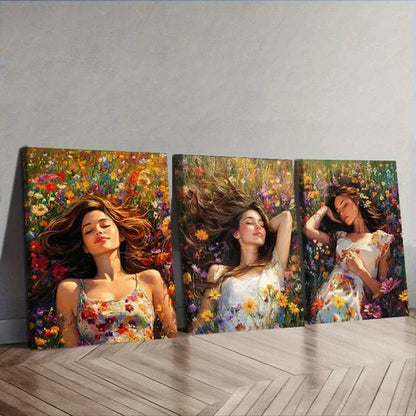 3pcs A Woman Surrounded By Vibrant Flowers Wall Art Set Canvas Unframed - High Quality Print 100% Australian Made Wall Canvas - Bella Home Decor