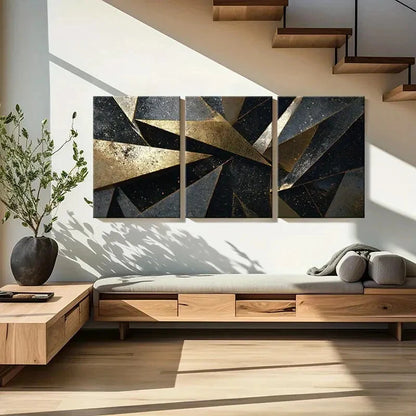 3pcs Abstract Golden Black Geometric Art Metal Print Ready to Hang Art - Bella Home Decor