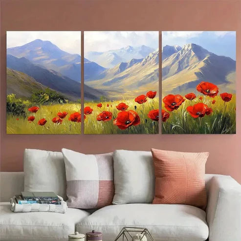 3pcs Vibrant Mountain and Red Poppies Landscape Wall Art Set Canvas Unframed - High Quality Print 100% Australian Made Wall Canvas