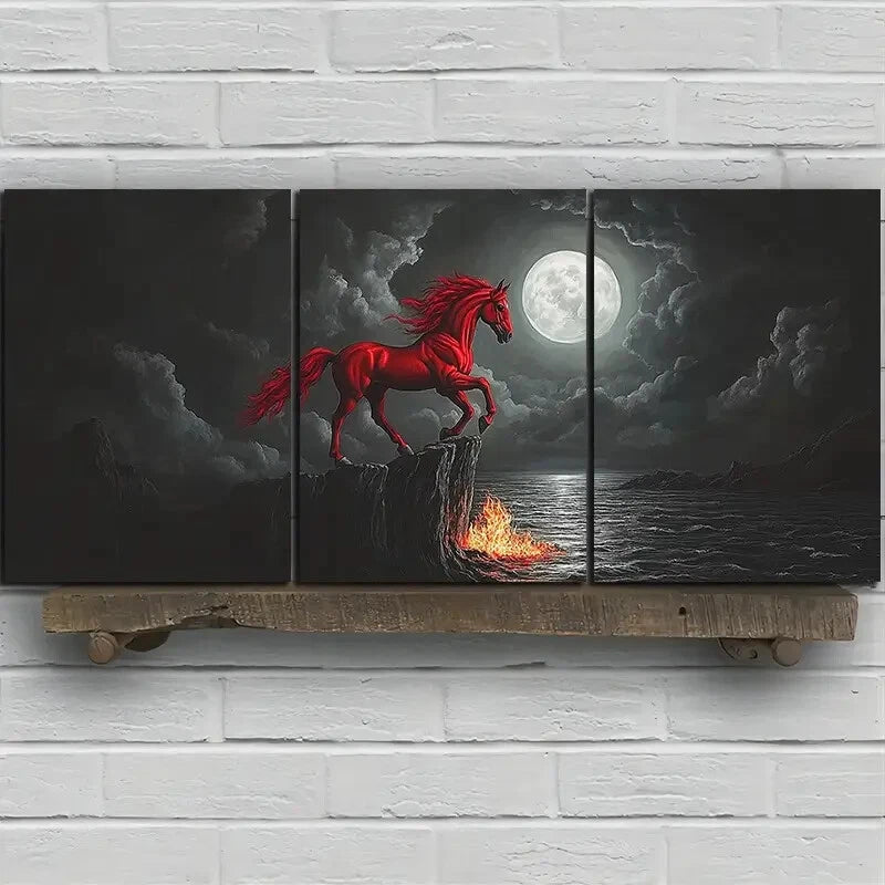 3pcs Red Horse Jumping Under The Moonlight Metal Print Ready to Hang Art - Bella Home Decor
