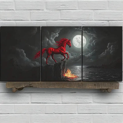 3pcs Red Horse Jumping Under The Moonlight Metal Print Ready to Hang Art - Bella Home Decor
