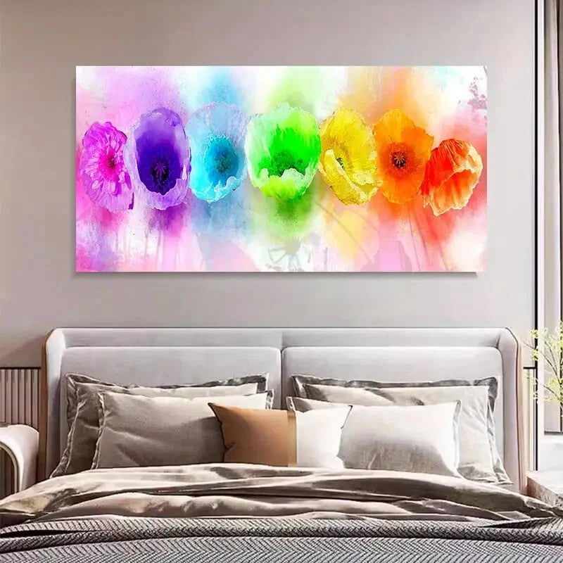 Vibrant Blossom Rainbow Poppies Wall Art Canvas Office Home Room Framed 120x60cm - Bella Home Decor