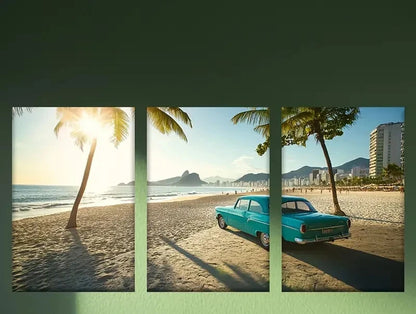 3pcs Blue Car & Palm Tree Beach Scene Metal Print Ready to Hang Art - Bella Home Decor