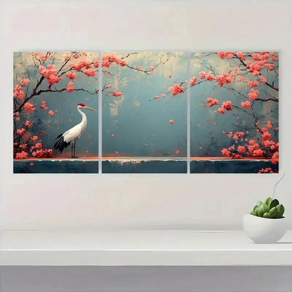 3pcs Japanese Cherry Blossoms & Crane Metal Print Ready to Hang Art - Bella Home Decor