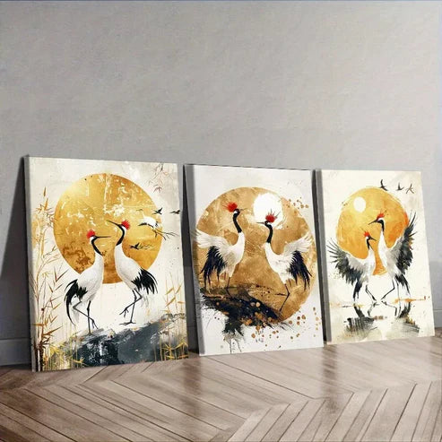 3pcs Golden Cranes Modern Contemporary Style Wall Art Canvas Unframed - High Quality Print 100% Australian Made Wall Canvas