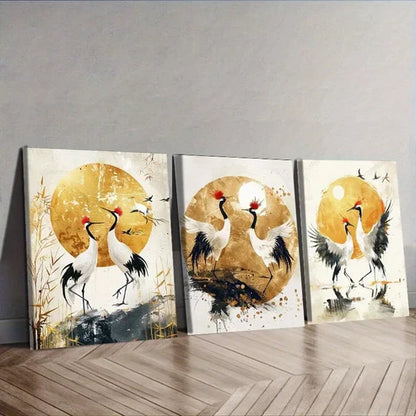 3pcs Golden Cranes Modern Contemporary Style Wall Art Canvas Unframed - High Quality Print 100% Australian Made Wall Canvas