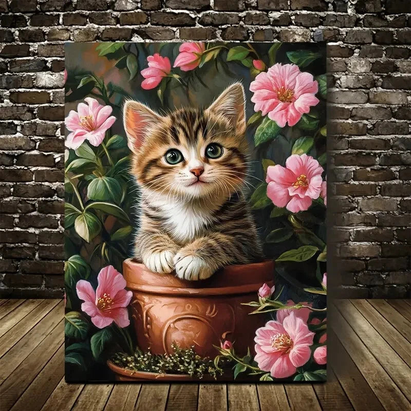 Adorable American Shorthair Kitten with Pink Flowers 40x60cm Metal Print Ready to Hang - Bella Home Decor