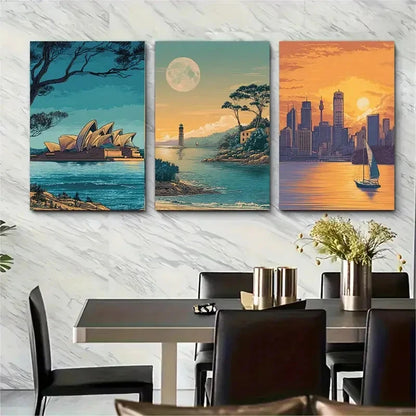 3pcs Twilight Over Sydney Wall Art Set Canvas Framed 50x70cm - High Quality Print 100% Australian Made Wall Canvas Ready to Hang