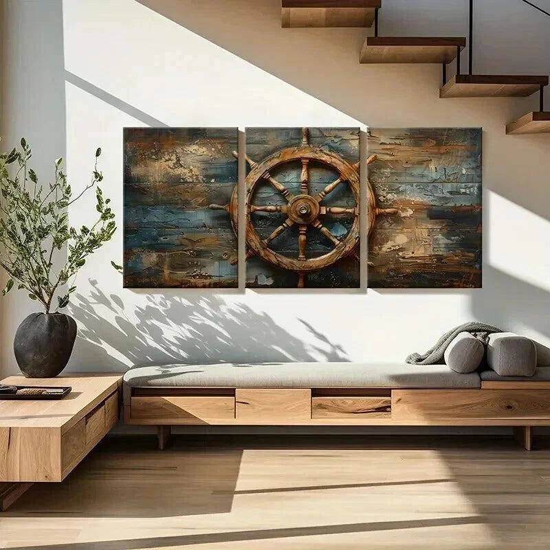 3pcs Nautical Ship Wheel Artwork Vintage Wall Art Set Canvas Framed 50x70cm - High Quality Print 100% Australian Made Wall Canvas Ready to Hang - Bella Home Decor