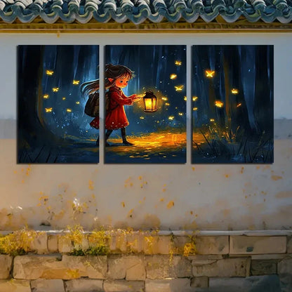 3pcs Girl in the forest with Lamp, Fireflies View Metal Print Ready to Hang Art - Bella Home Decor