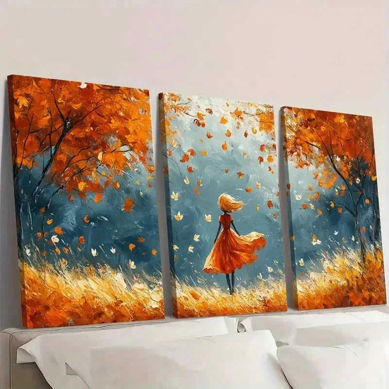 3pcs Falling Leaves Girl Fine Art Print E   Wall t Set Canvas Framed 60x90cm - High Quality Print 100% Australian Made Wall Canvas Ready to Hang - Bella Home Decor