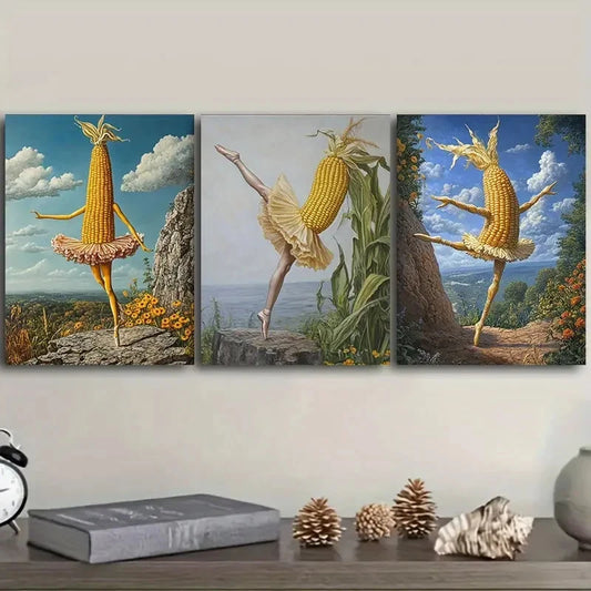 3pcs A corn with legs and a ballerina Wall Art Set Canvas Framed 50x70cm - High Quality Print 100% Australian Made Wall Canvas Ready to Hang