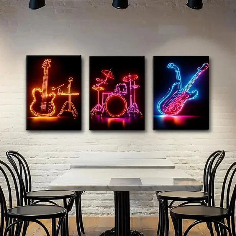 3pcs Neon Music Vibrant Musical Décor Perfect Wall Art Set Canvas Framed 60x90cm - High Quality Print 100% Australian Made Wall Canvas Ready to Hang - Bella Home Decor