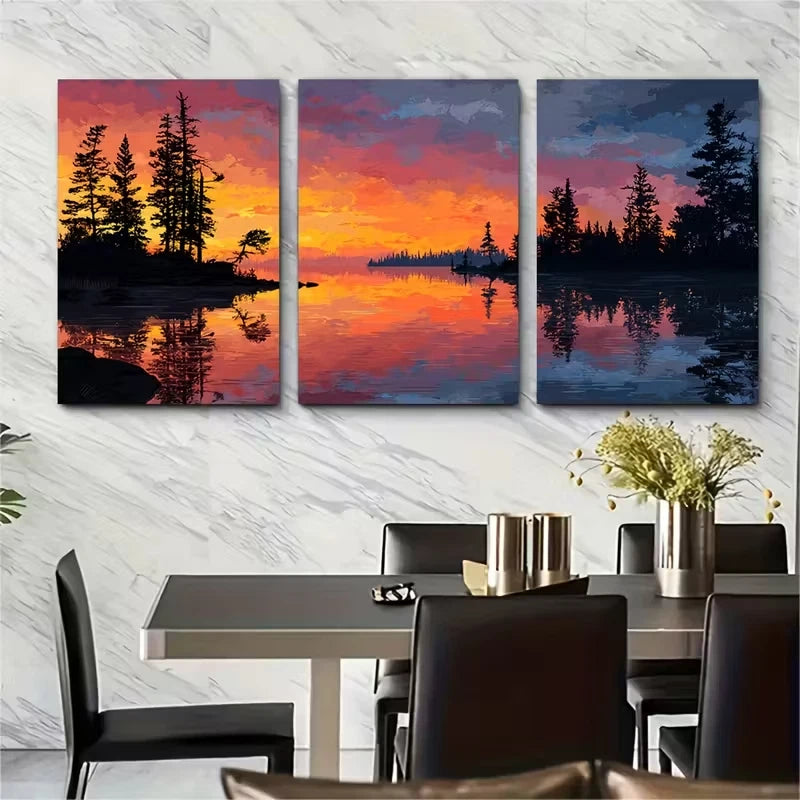3pcs Lakeside Sunset Scenery Metal Print Ready to Hang Art