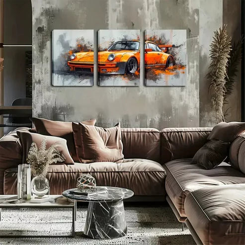3pcs Vibrant Orange Sports Car Triptych Wall Art Canvas Unframed - High Quality Print 100% Australian Made Wall Canvas
