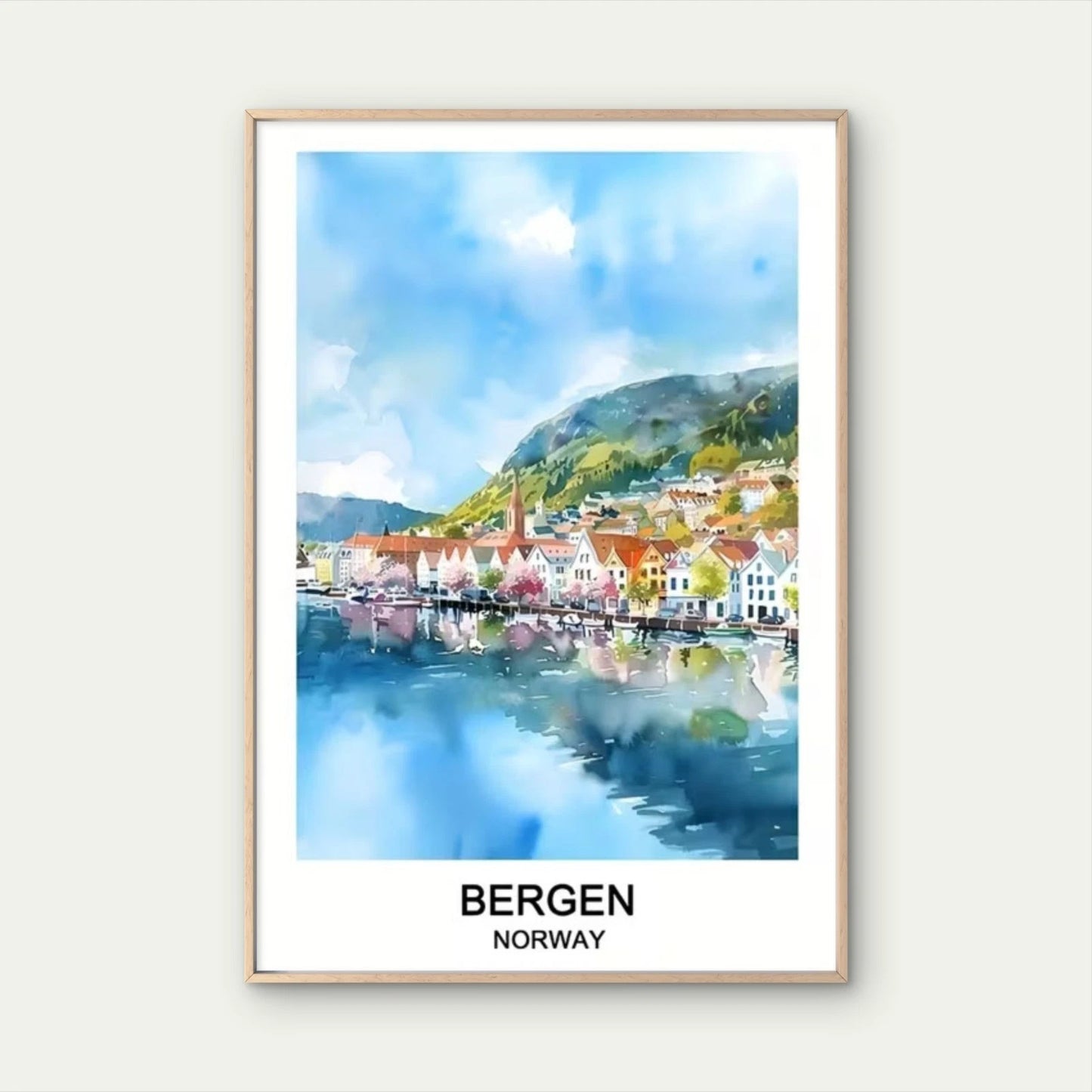 Bergen Norway Vibrant Fjord Landscape Travel Poster Print Wall Art