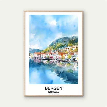 Bergen Norway Vibrant Fjord Landscape Travel Poster Print Wall Art
