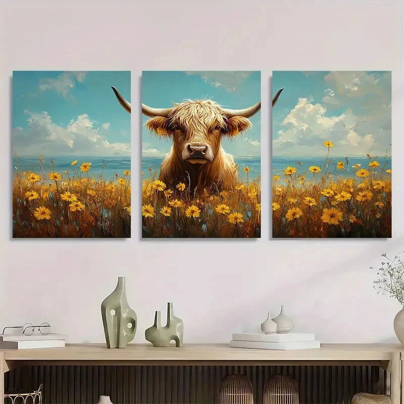 3pcs Rustic Highland Cow & Dandelions Decor Metal Print Ready to Hang Art - Bella Home Decor