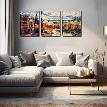 3pcs Wooden Keg and Beer, Wall Art Set Wall Art Canvas Unframed - High Quality Print 100% Australian Made Wall Canvas