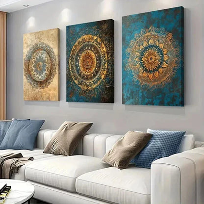 3pcs Elegant Golden & Teal Geometric Patterns Perfect Wall Art Canvas Unframed – High Quality Print 100% Australian Made Wall Canvas
