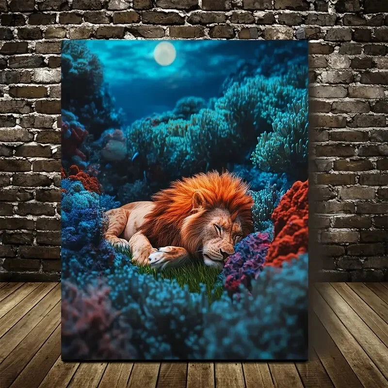 Surreal Lion Rolling on Grass Underwater Coral 40x60cm Metal Print Ready to Hang - Bella Home Decor